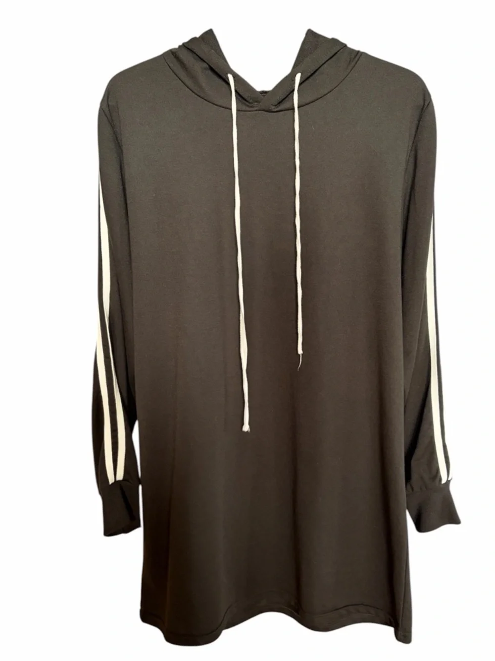 Black Hoodie Dress with White Stripe Sleeves - Picture 1 of 4